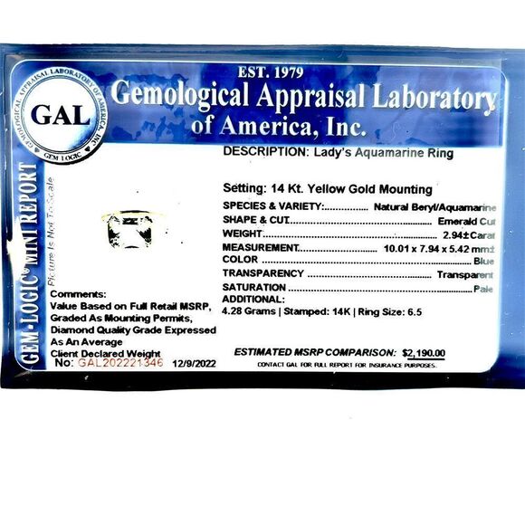 Natural Aquamarine Ring 6.5 14k Yellow Gold 2.94 TCW Certified $2,190 221346 - Picture 12 of 12